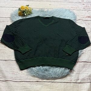 ABBATE Wool Blend Green Black Stripe V Neck Sweater sz L